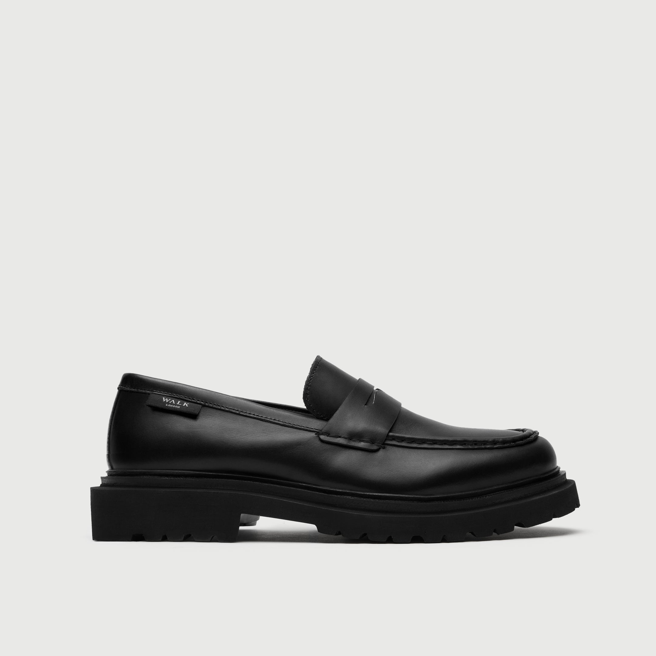Walk London Hackney Saddle Loafer in Black Leather side view showing branded label