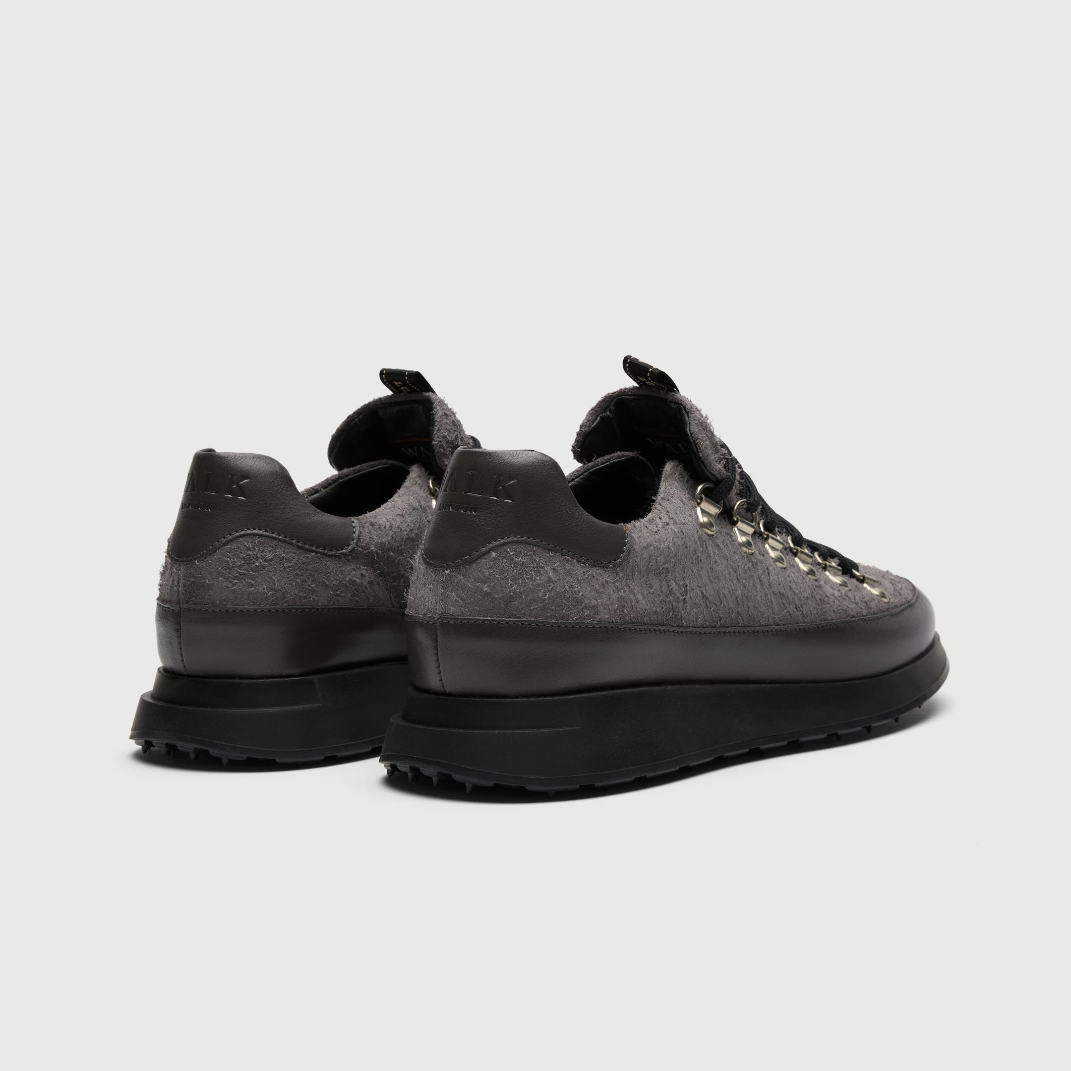 Walk London Hampstead Hiking Style Trainer in Grey Brushed Suede and Leather heel view showing embossed branded leather heel collar