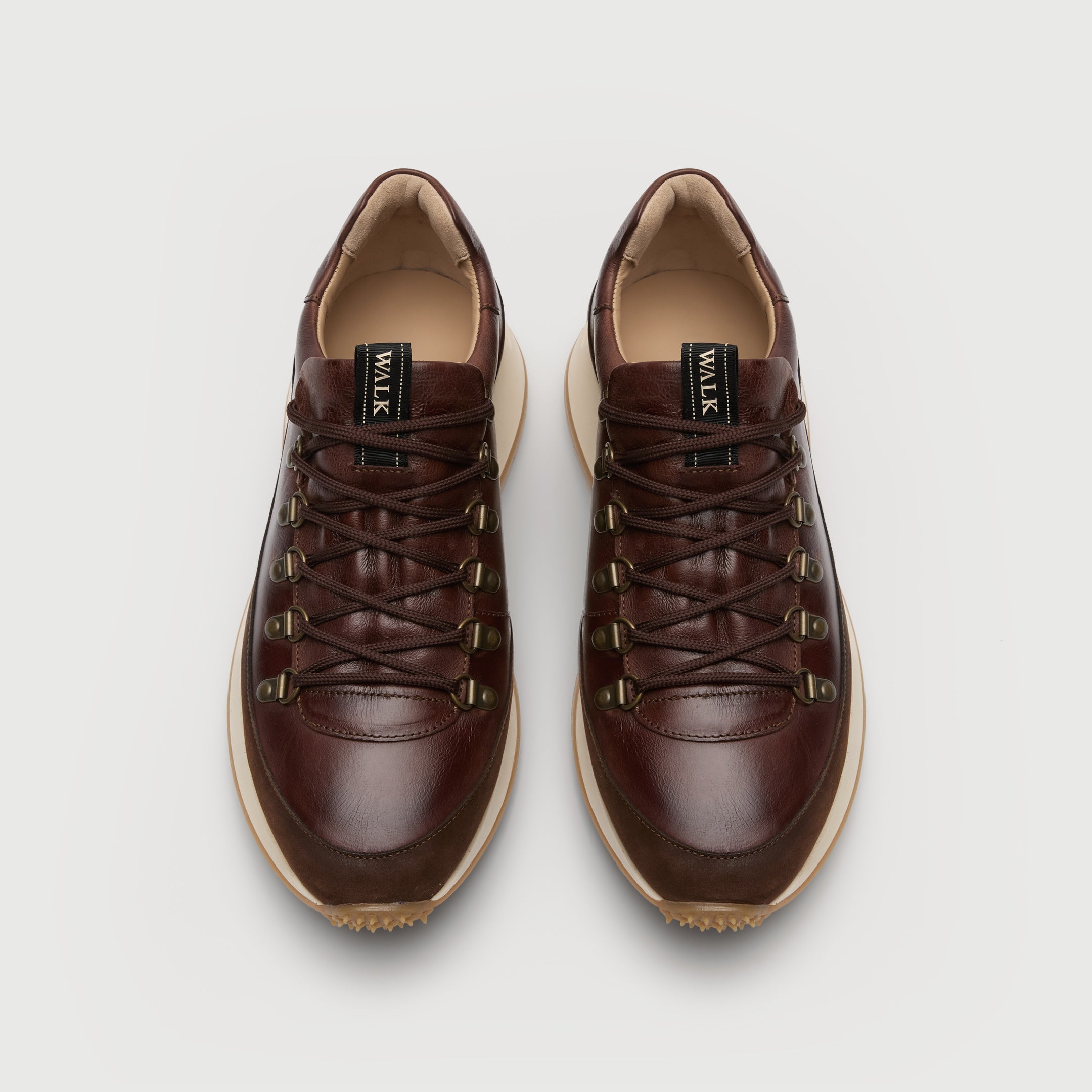 Walk London Hampstead Hiking Style Trainers in Brown Leather top view showing beige insole and gold branded pull tab