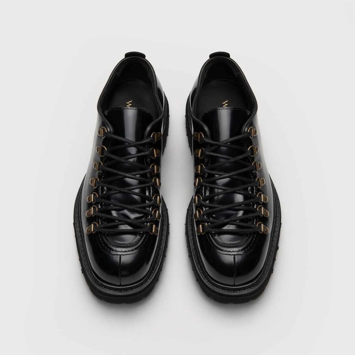 Walk London Hartford Hiking Style Shoes in black smooth leather top view showing brass-toned d-rings