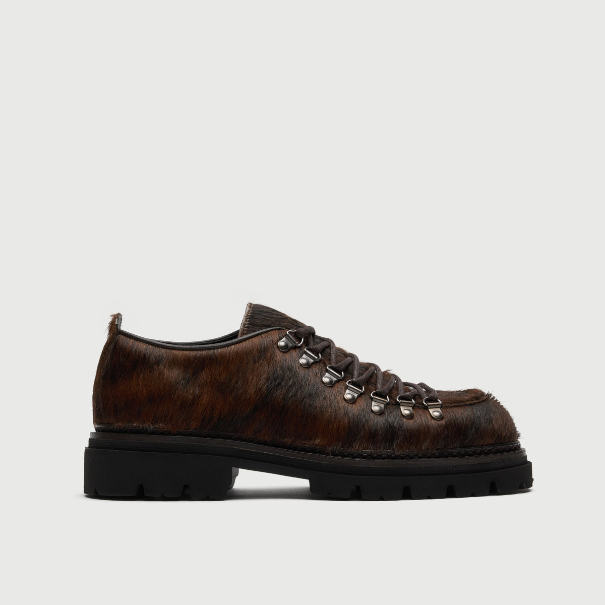Walk London Hartford Hiking Style Shoe in Brown Pony Hair side view with silver toned d-rings and laces.