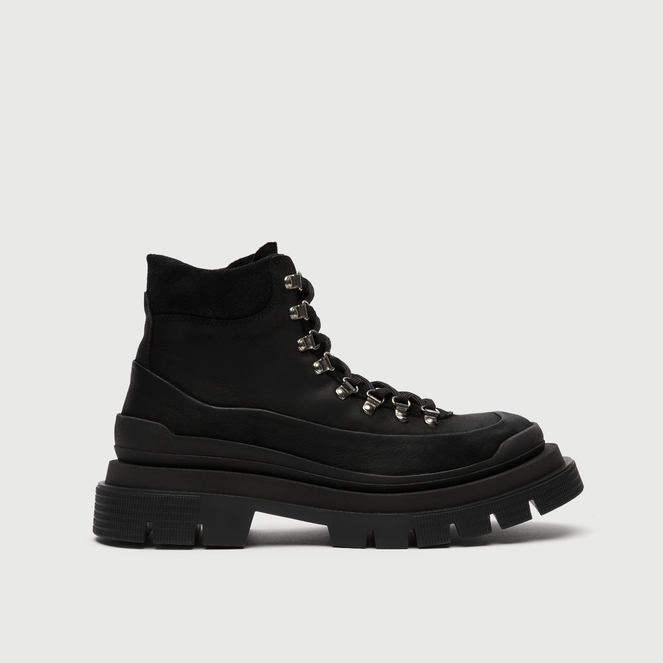 Walk London black Highgate hiking boot with thick sole on a light grey background
