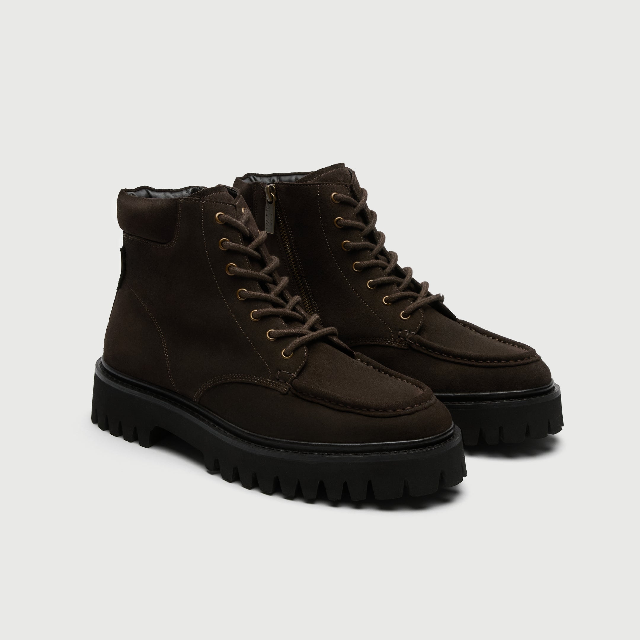 Brown suede Hopper apron boot from Walk London Shoes with thick sole on a light grey background