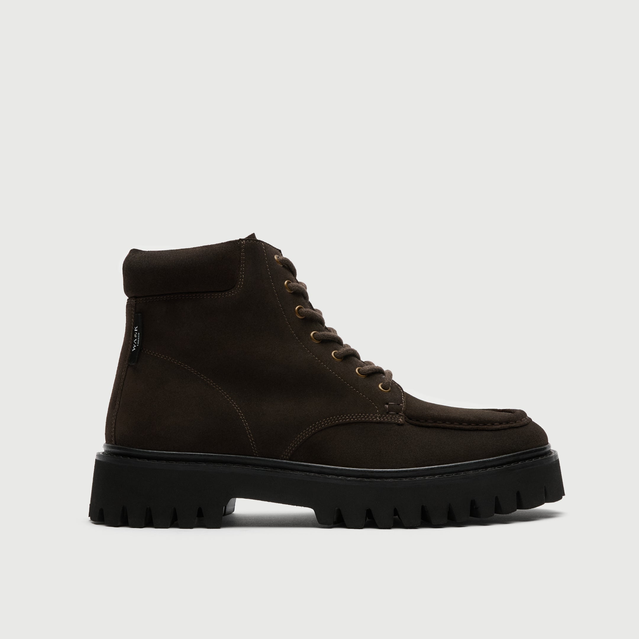 Brown suede Hopper apron boot from Walk London Shoes with thick sole on a light grey background