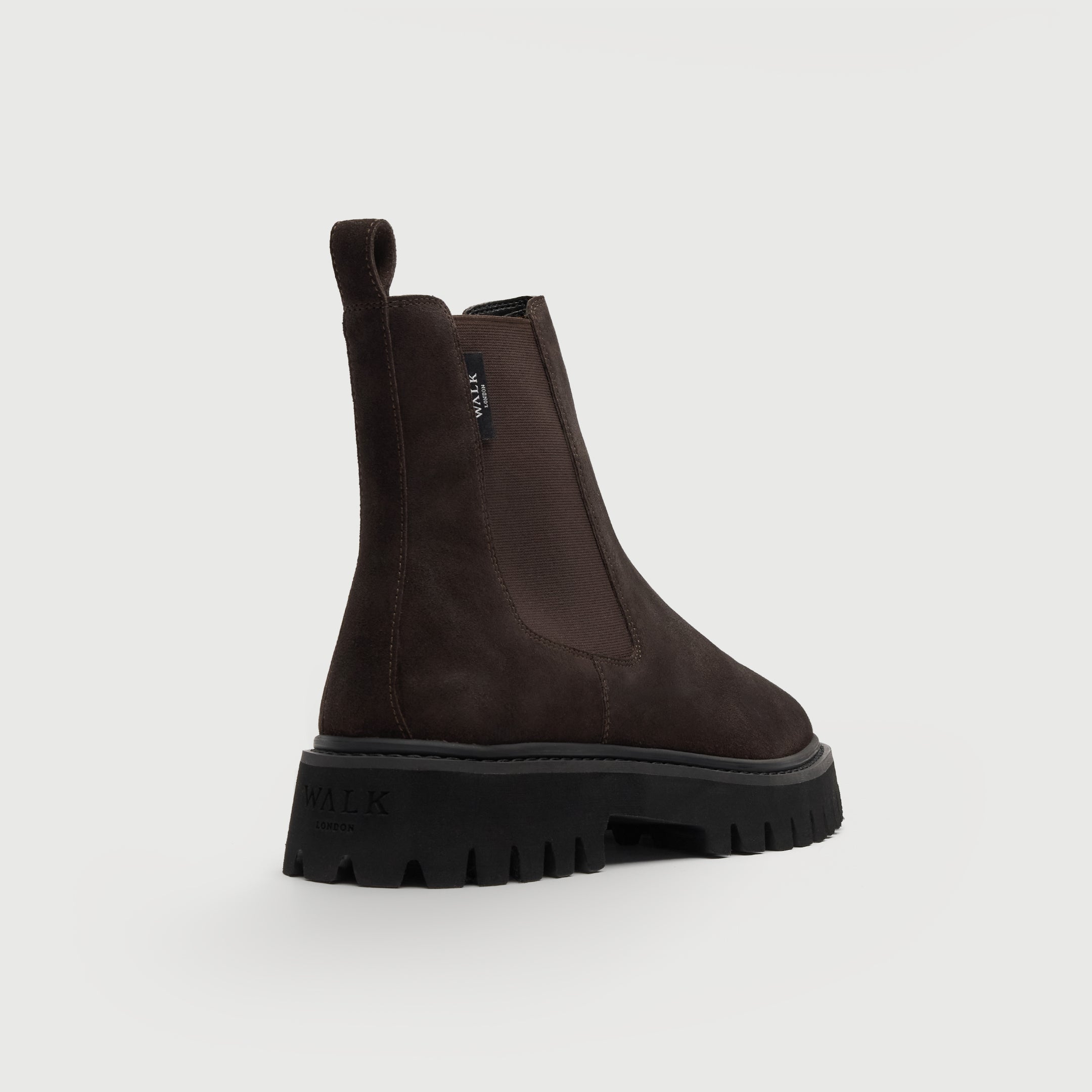 Walk London Hopper Chelsea Boot in Brown Suede heel view showing pull tab, branded label, and chunky sole