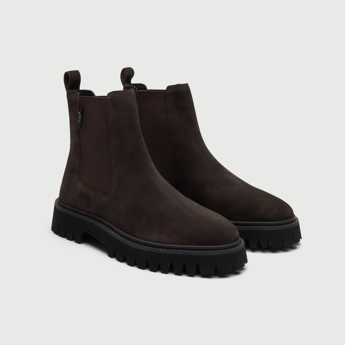 Walk London Hopper Chelsea Boots in Brown Suede with chunky soles and pull tabs