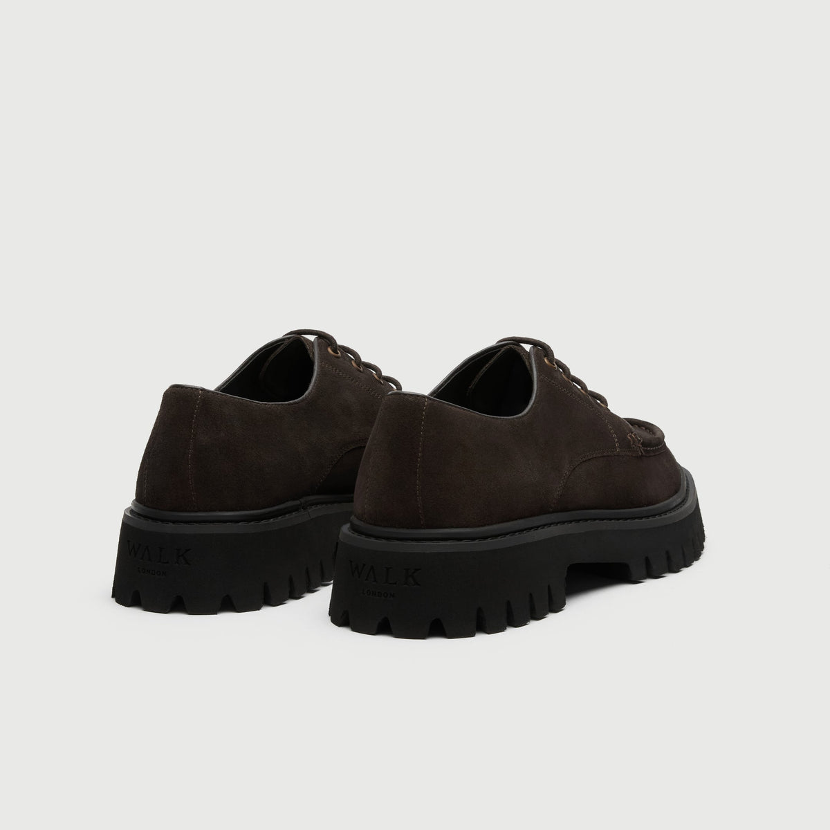 Walk London Hopper Lace Shoes in Brown Suede heel view showing debossed branding on heel of sole