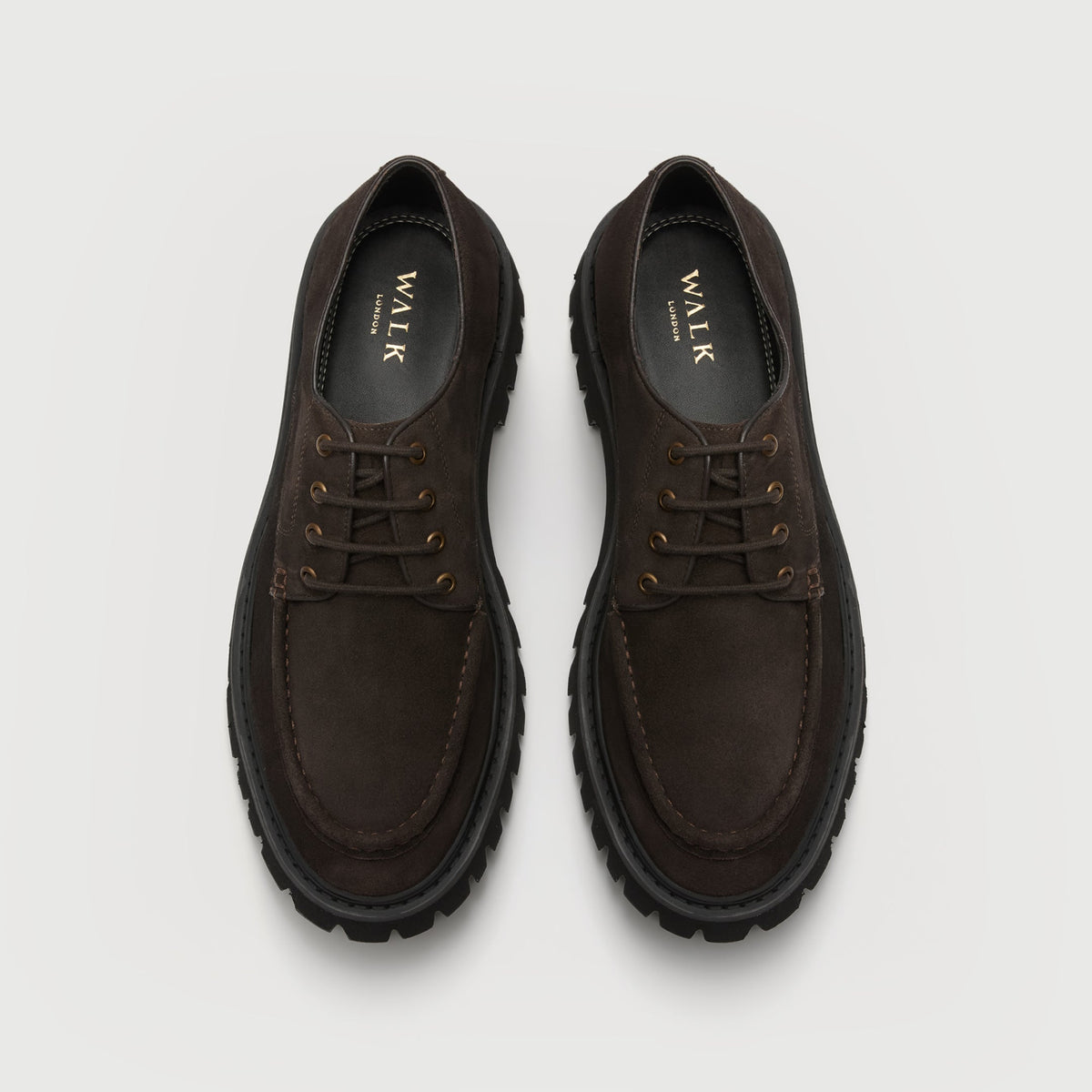 Walk London Hopper Lace Shoes in Brown Suede top view showing the apron seam, stitch detailing, brass toned eyelets with laces, black insole with gold foil branding