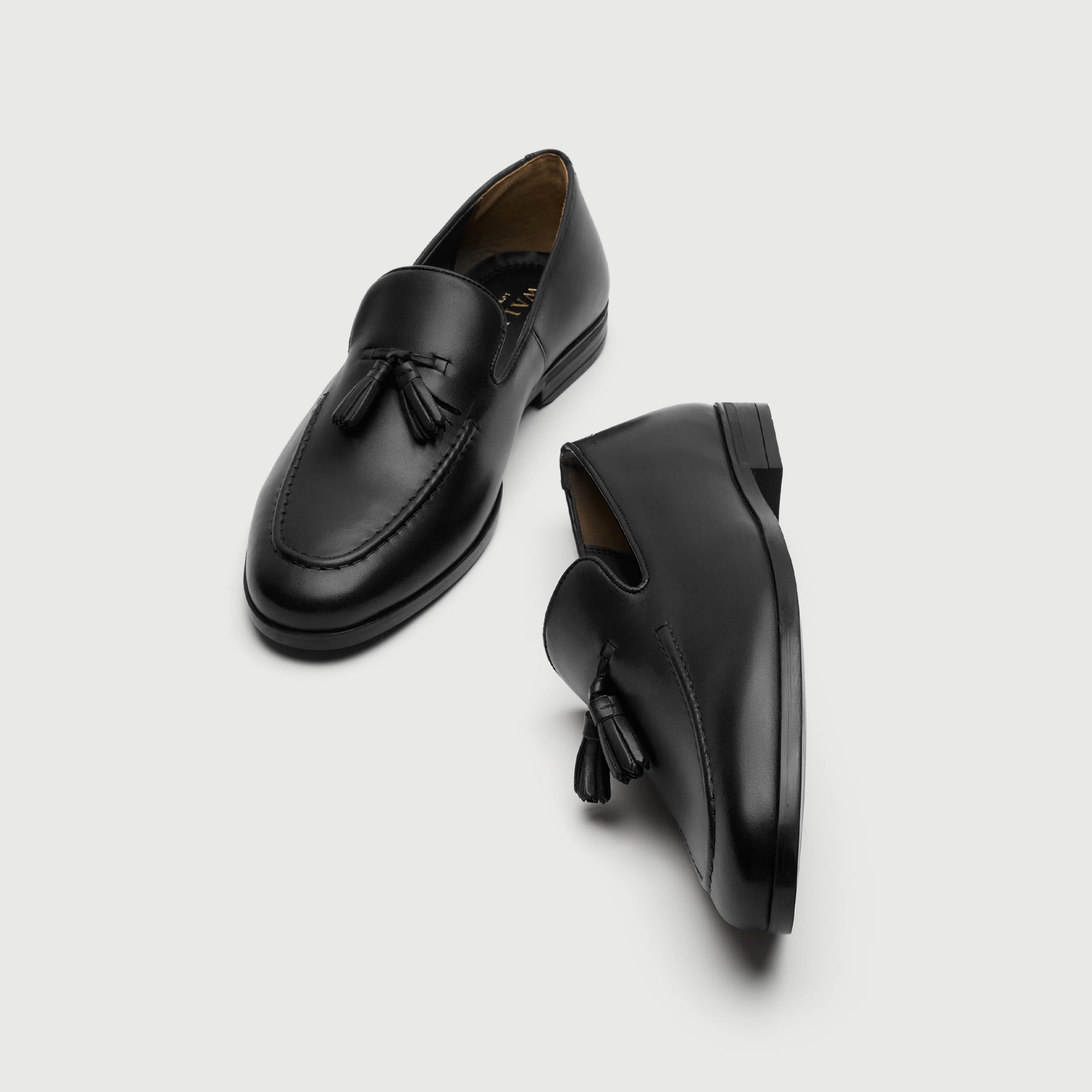 Walk London Ischia Black Leather Tassel Loafer top and side view