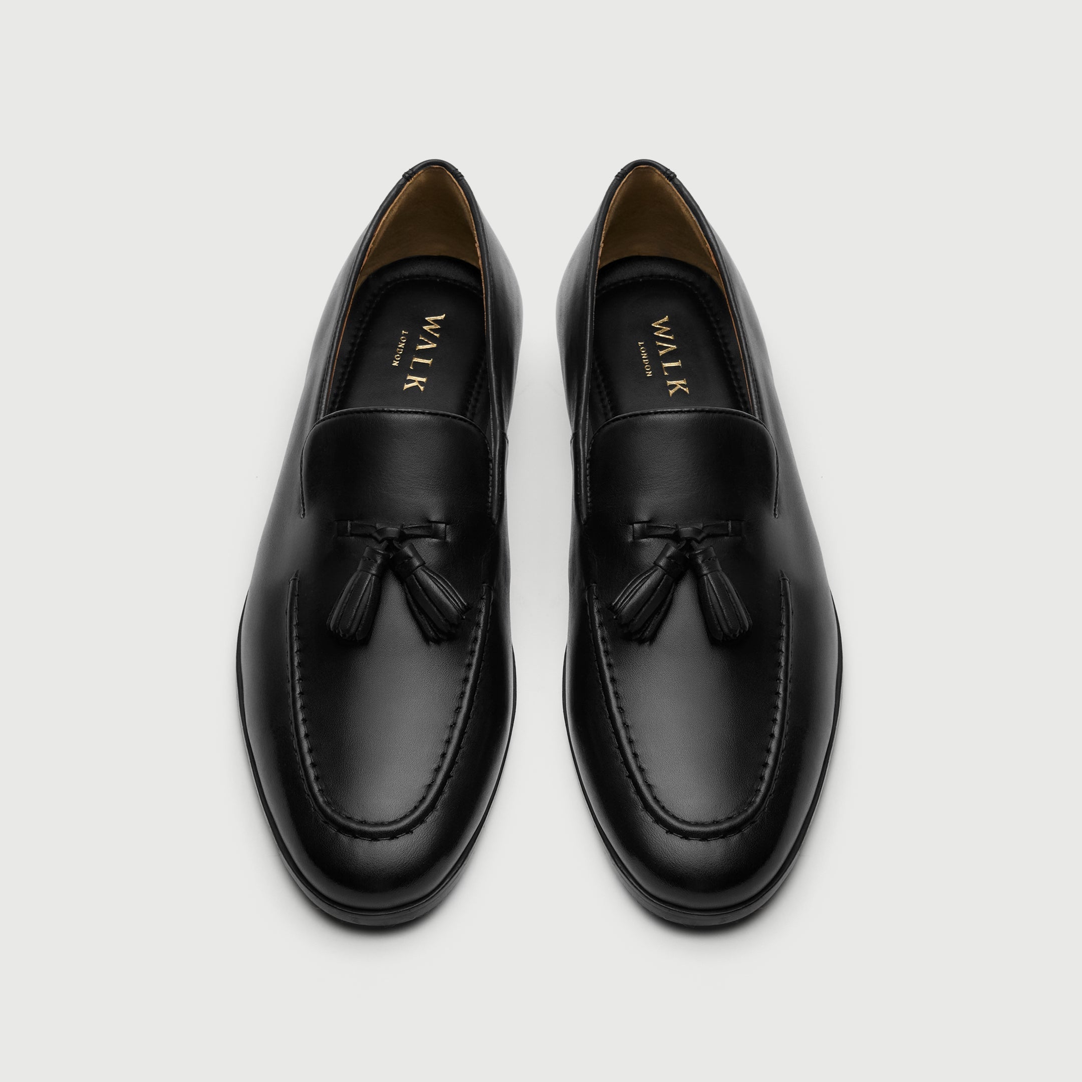 Walk London Ischia Black Leather Tassel Loafer top view