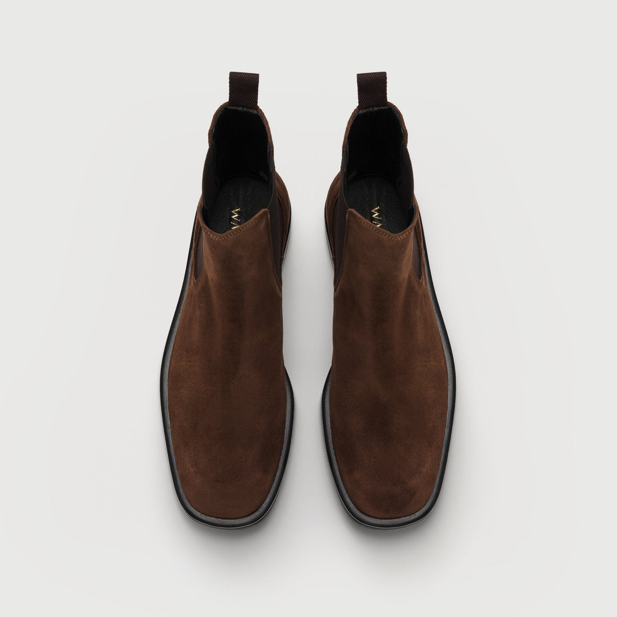 Walk London Lambeth Chelsea Boots in Brown Suede top view showing pull tabs, gold foil branding on black insole, soft suede upper and subtly squared toe