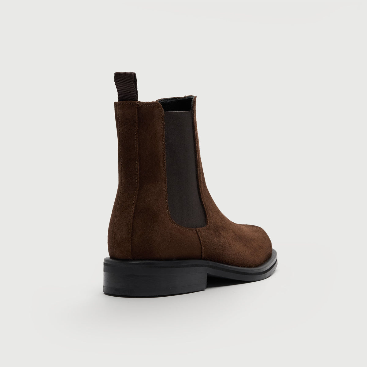Walk London Lambeth Chelsea Boot in Brown Suede heel view showing pull tab and black elastic panel