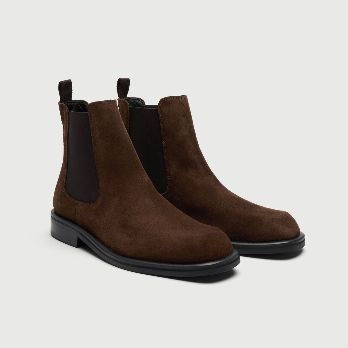 Walk London Lambeth Chelsea Boots in Brown Suede three quarter view showing slightly squared toe, black elastic panel, pull tabs