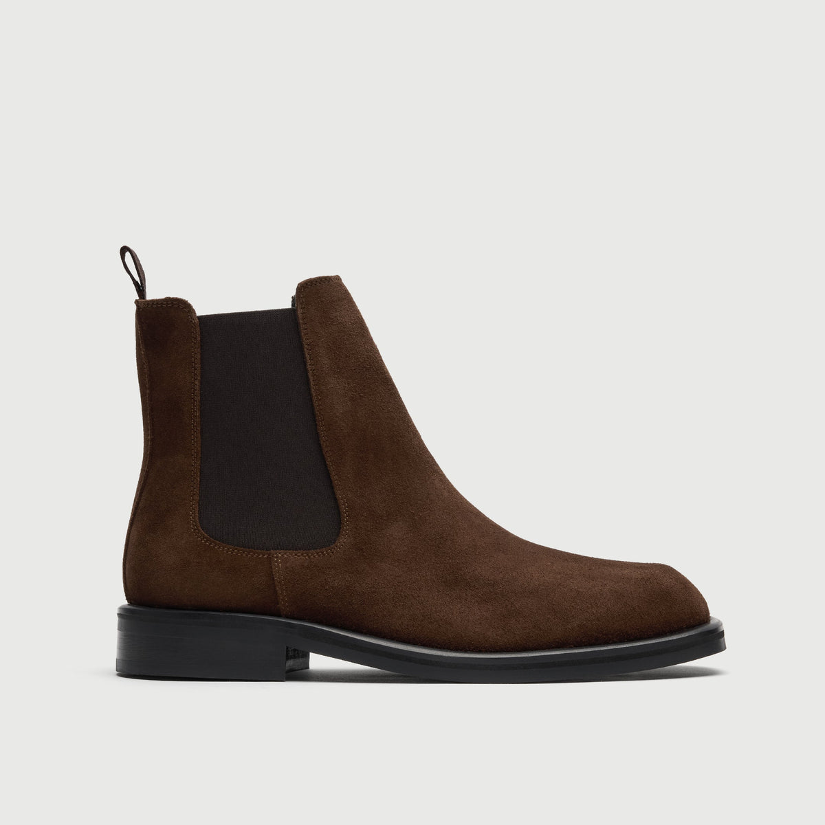 Walk London Lambeth Chelsea Boot in Brown Suede side view showing black elastic panel, subtly squared toe, and pull tab