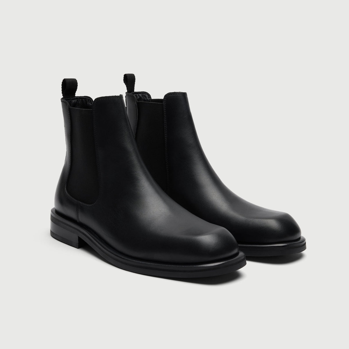Walk London Lambeth Chelsea Boots in Black Leather three quarter view with subtle square toe shape