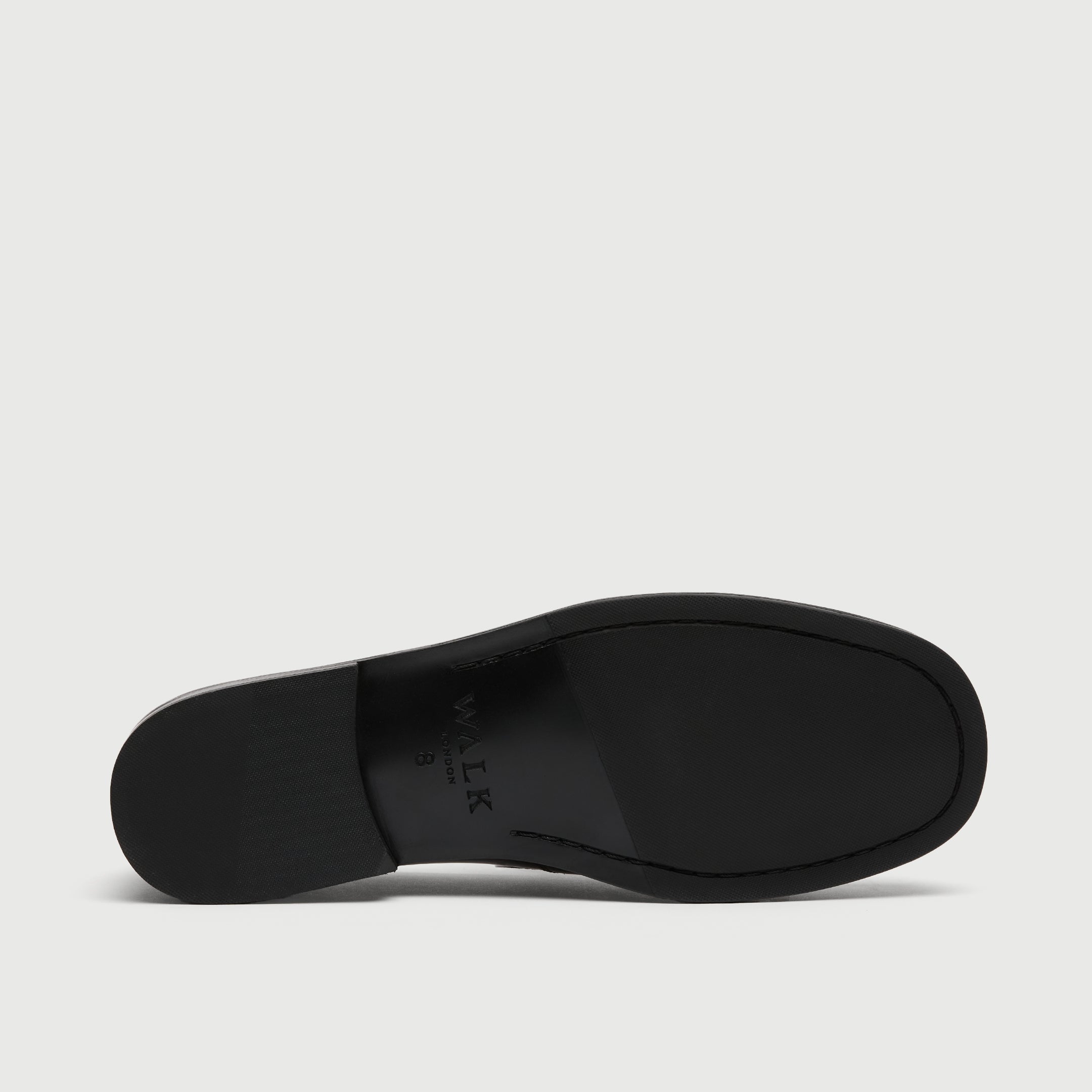 Walk London Marylebone Saddle Loafer black textured sole with debossed branding