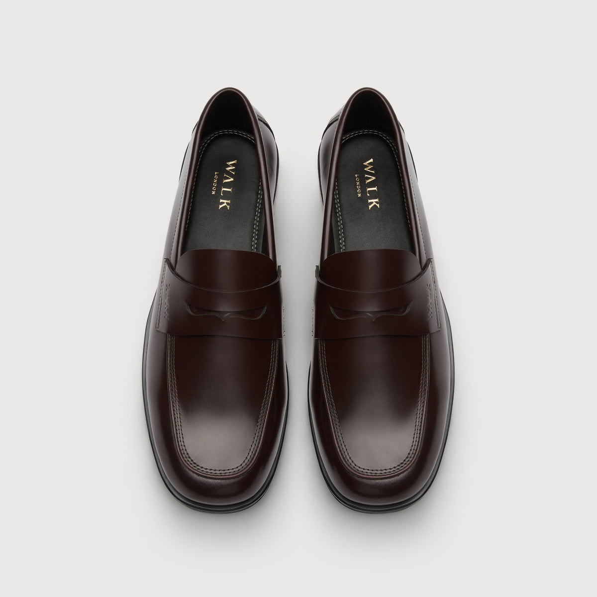 Walk London Marylebone Saddle Loafers in Dark Burgundy Leather top view showing black insole and gold embossed branding