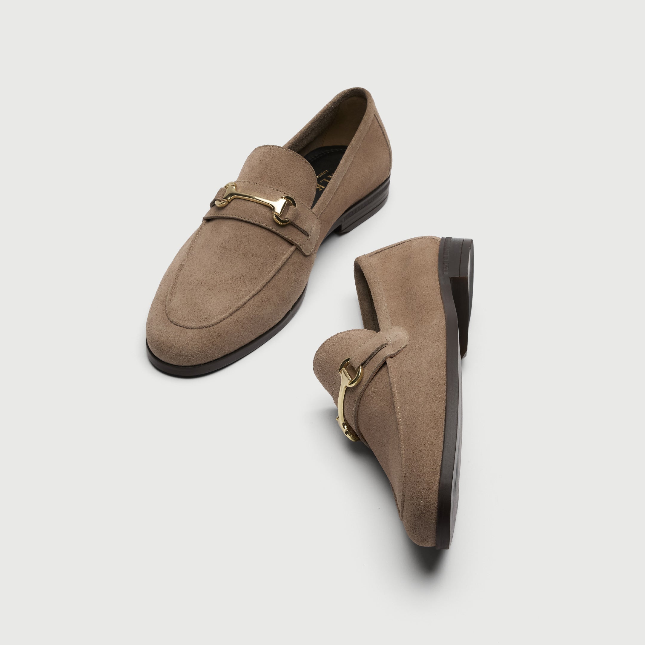 Walk London Naples beige loafer with gold trim top and side view