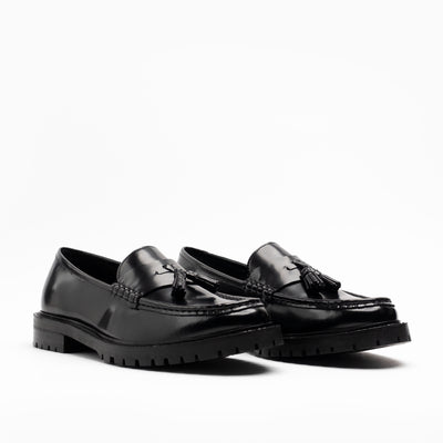 Walk London Mens Campus Tassel Loafer in Smooth Black Leather
