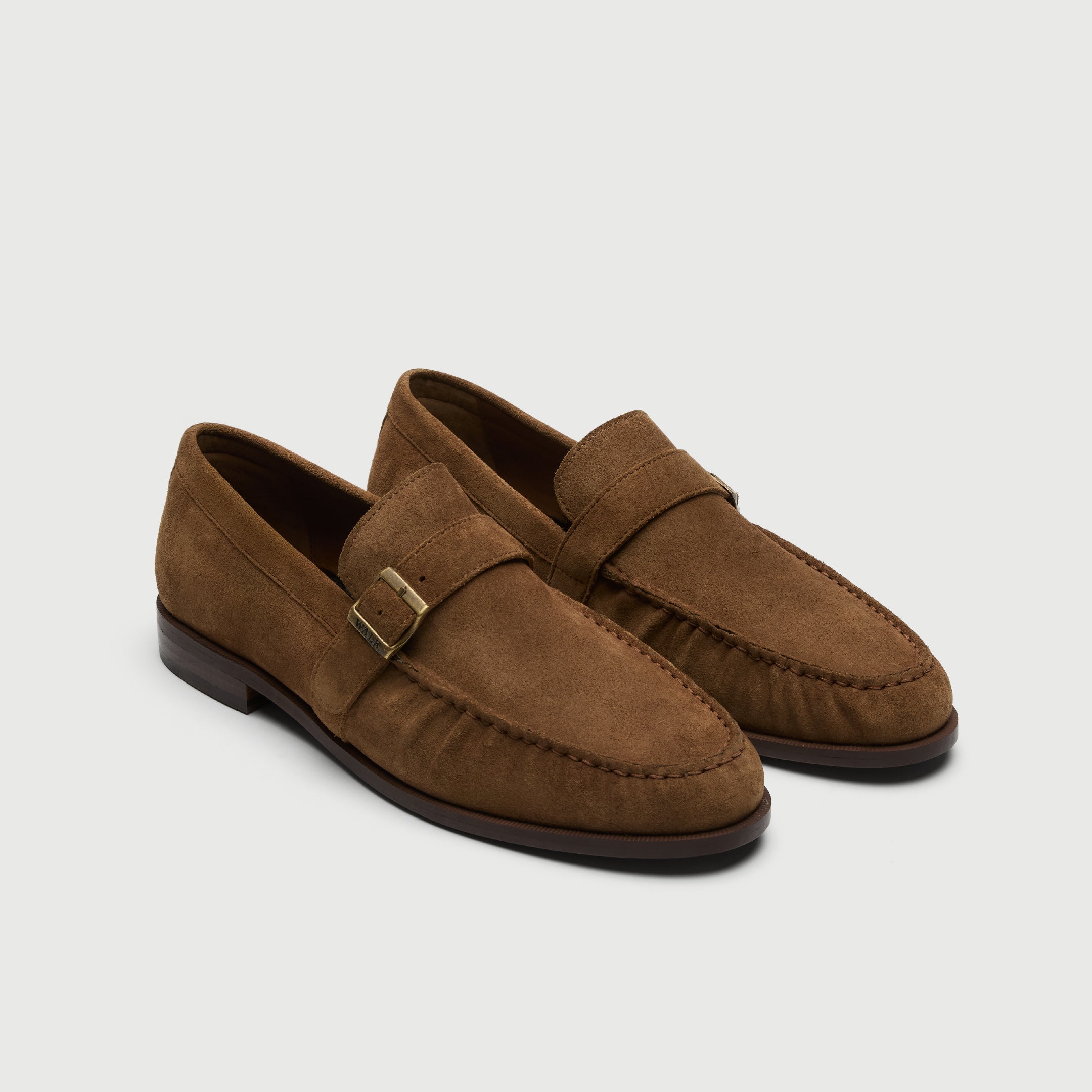 Video of man wearing Walk London Como Buckle Tan Suede Loafers with cream trousers 