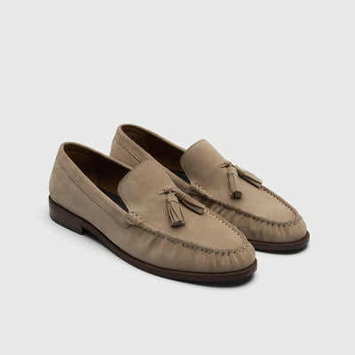 Video of man wearing Walk London Como Stone Beige Suede Tassel Loafers with khaki trousers 