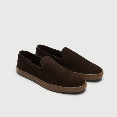 Video of man wearing Walk London Palermo Slip On hybrid loafer in brown suede with cream trousers
