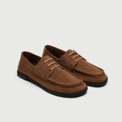 Video of man wearing Walk London Roma Tan Suede Boat Shoes with cream trousers