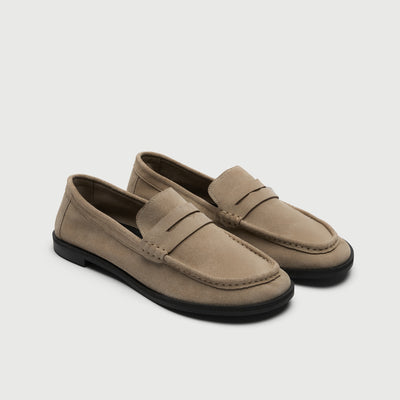 Video of man wearing Walk London Roma Stone Suede Saddle Loafers with khaki trousers