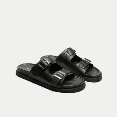 Walk London Shore Double Strap Sandal in Black Leather