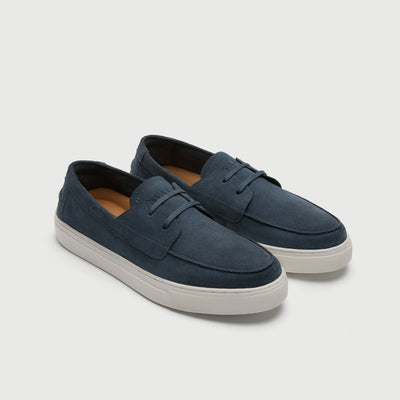 Video of man wearing Walk London Sicily blue suede boat shoes with cream trousers