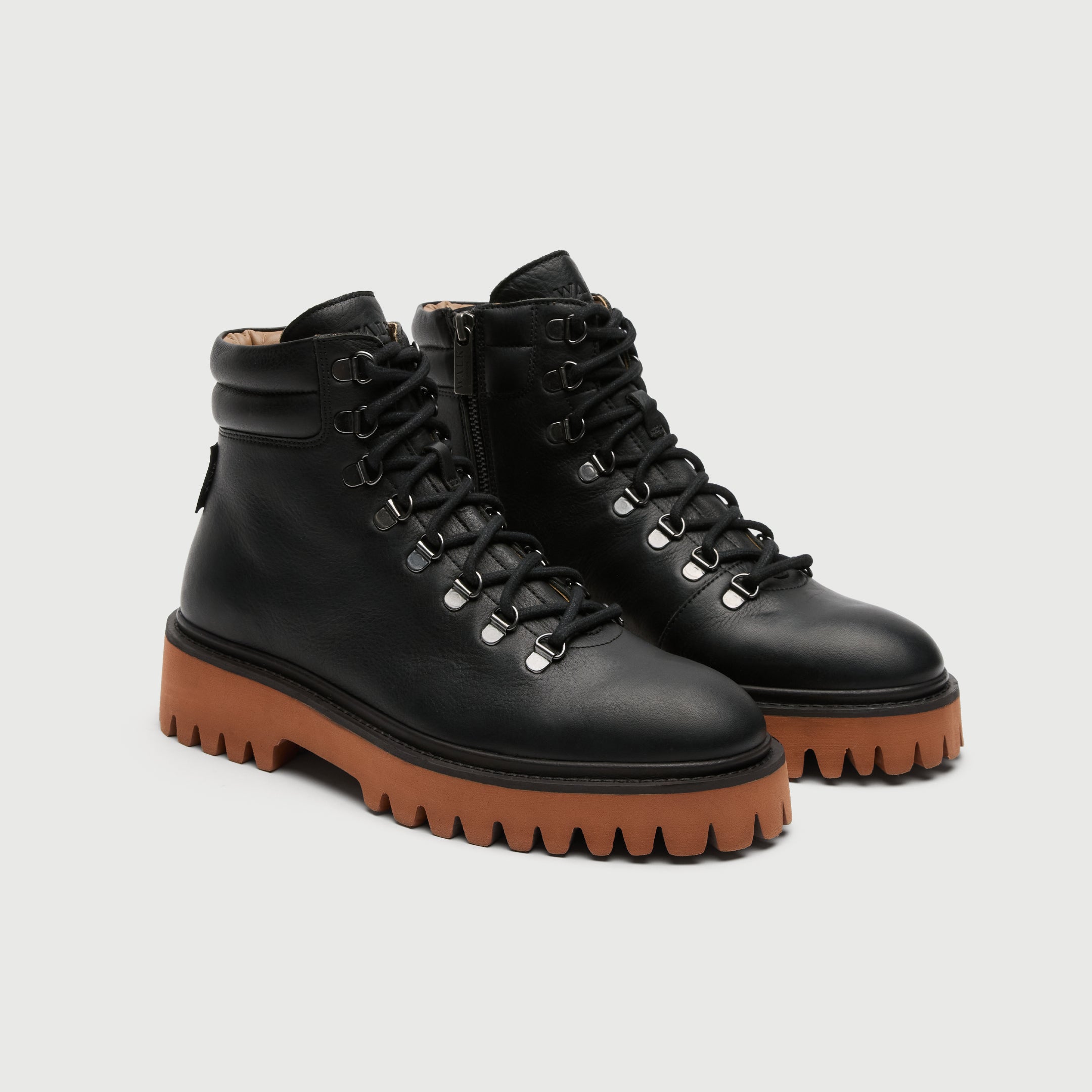 Walk London Shoes Hopper Hiking Boot in black leather and red sole