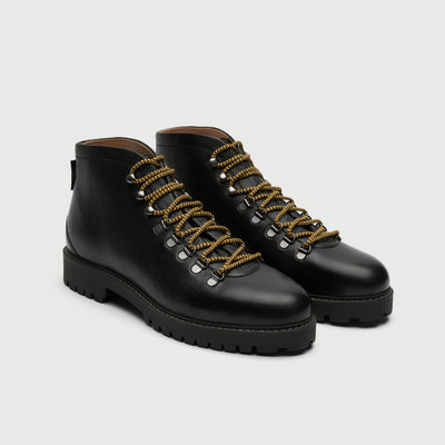 Walk London Sean low hiking boots in black leather and yellow lace