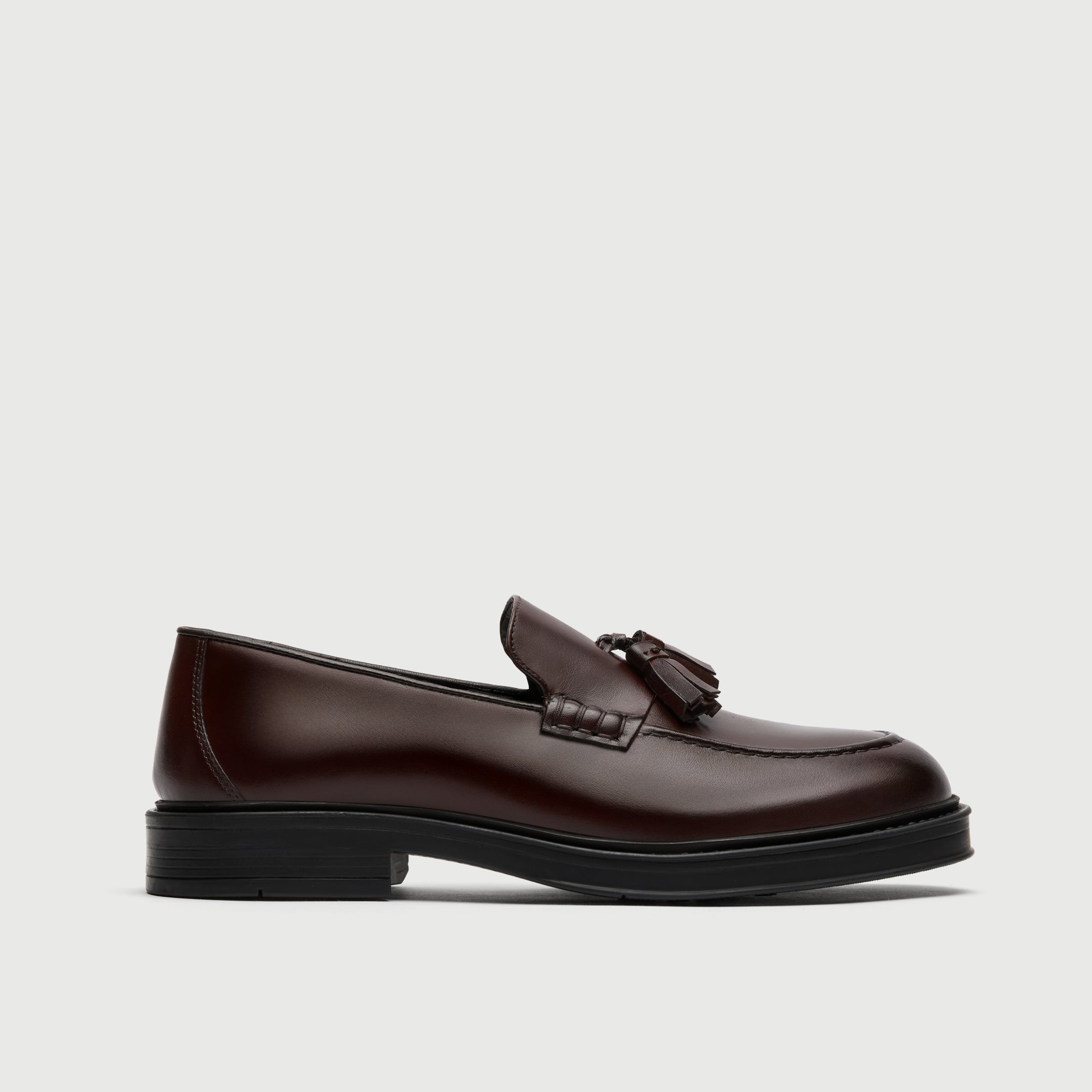 Walk London Richmond Tassel Loafer in Brown Leather side view showing double tassel and beefroll stitch detail
