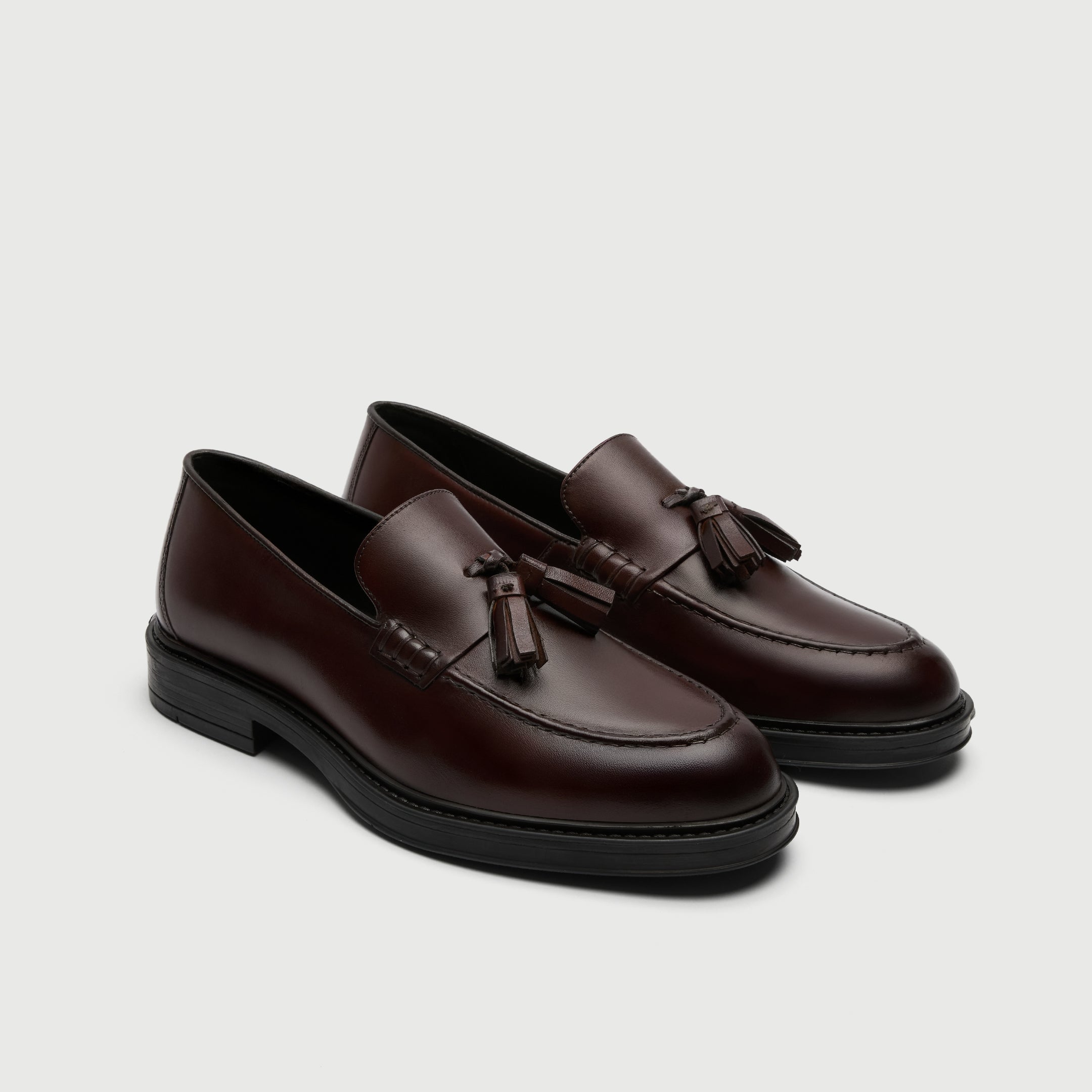 Walk London Richmond Tassel Loafers in Brown Leather three quarter view showing double tassels and beefroll stitching