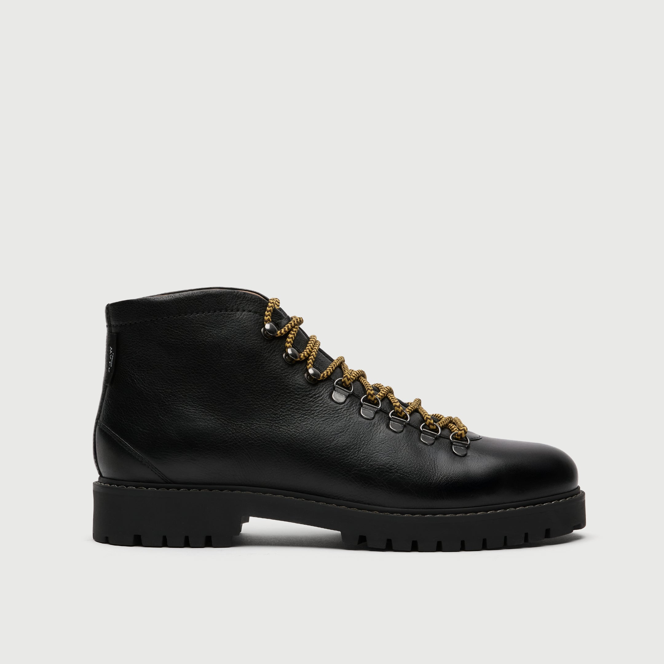 Walk London Sean low hiking boots in black leather and yellow lace