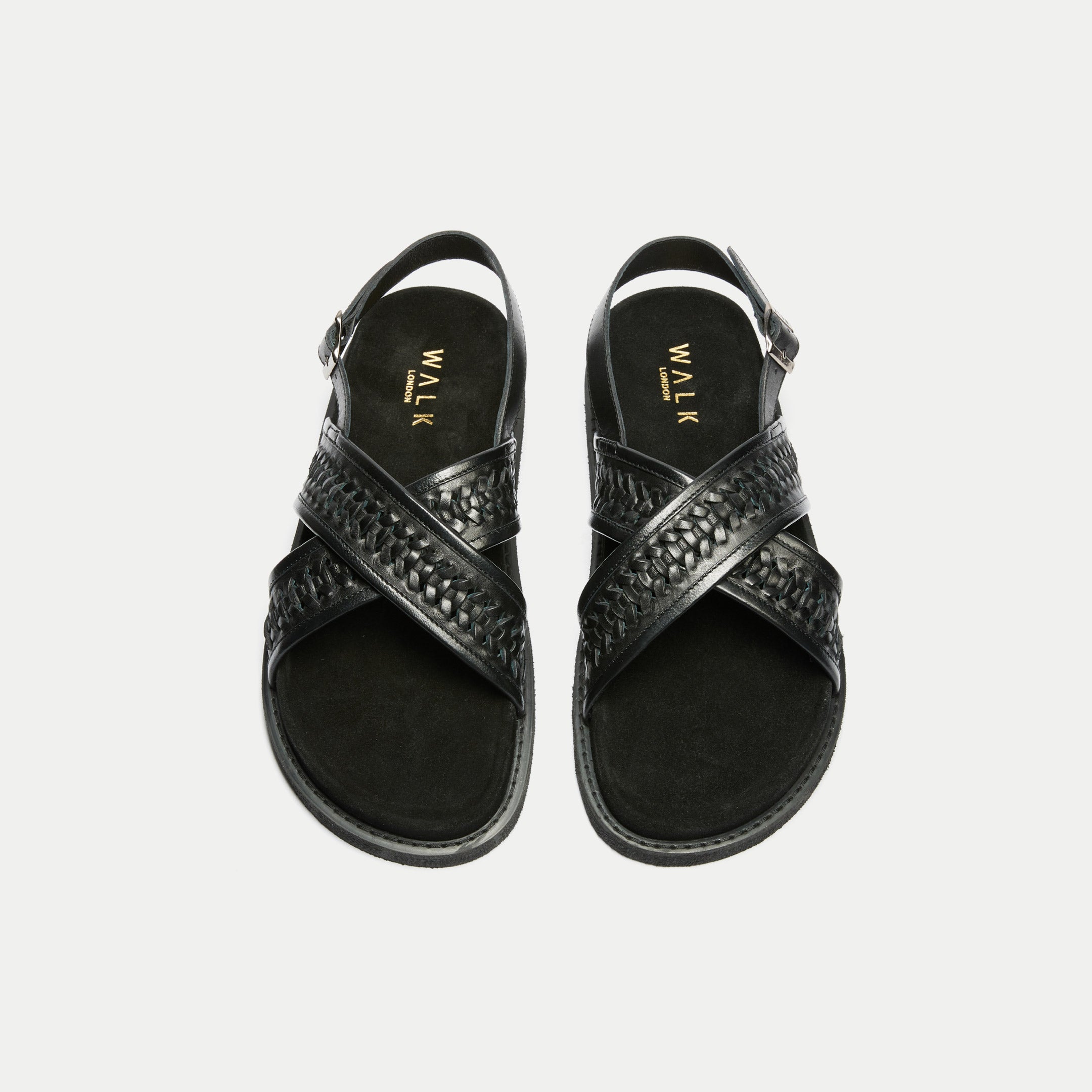 Walk London Mens Shore Weave Backstrap Sandal in Black Leather