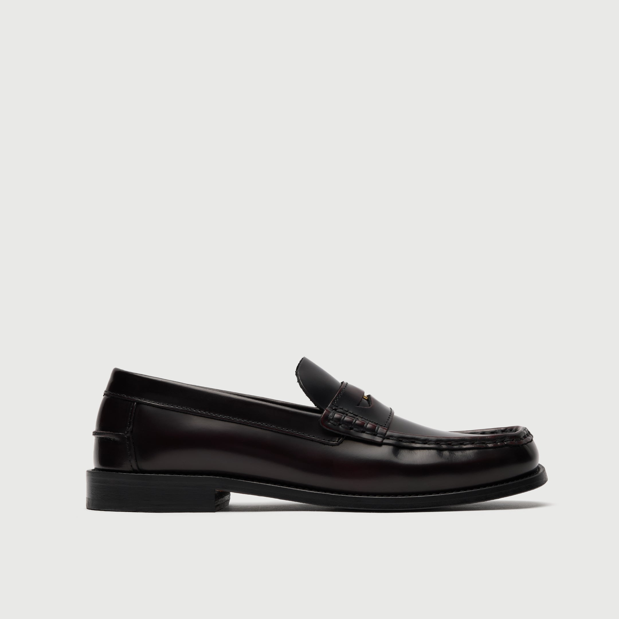 Walk London Shoreditch Penny Loafer in Burgundy Leather side view showing beefroll stitching