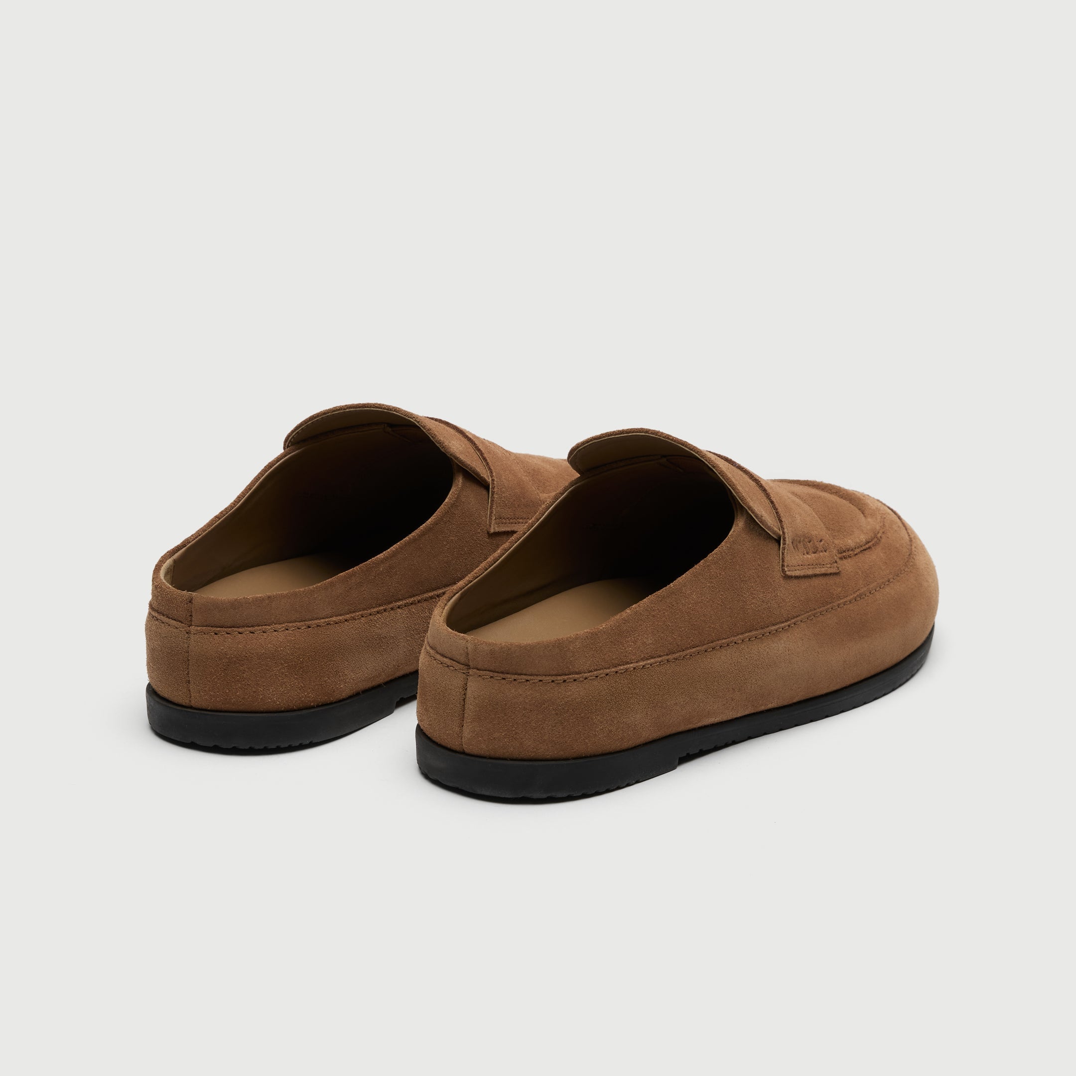 Walk London Track Tan Brown Suede Slider heel view