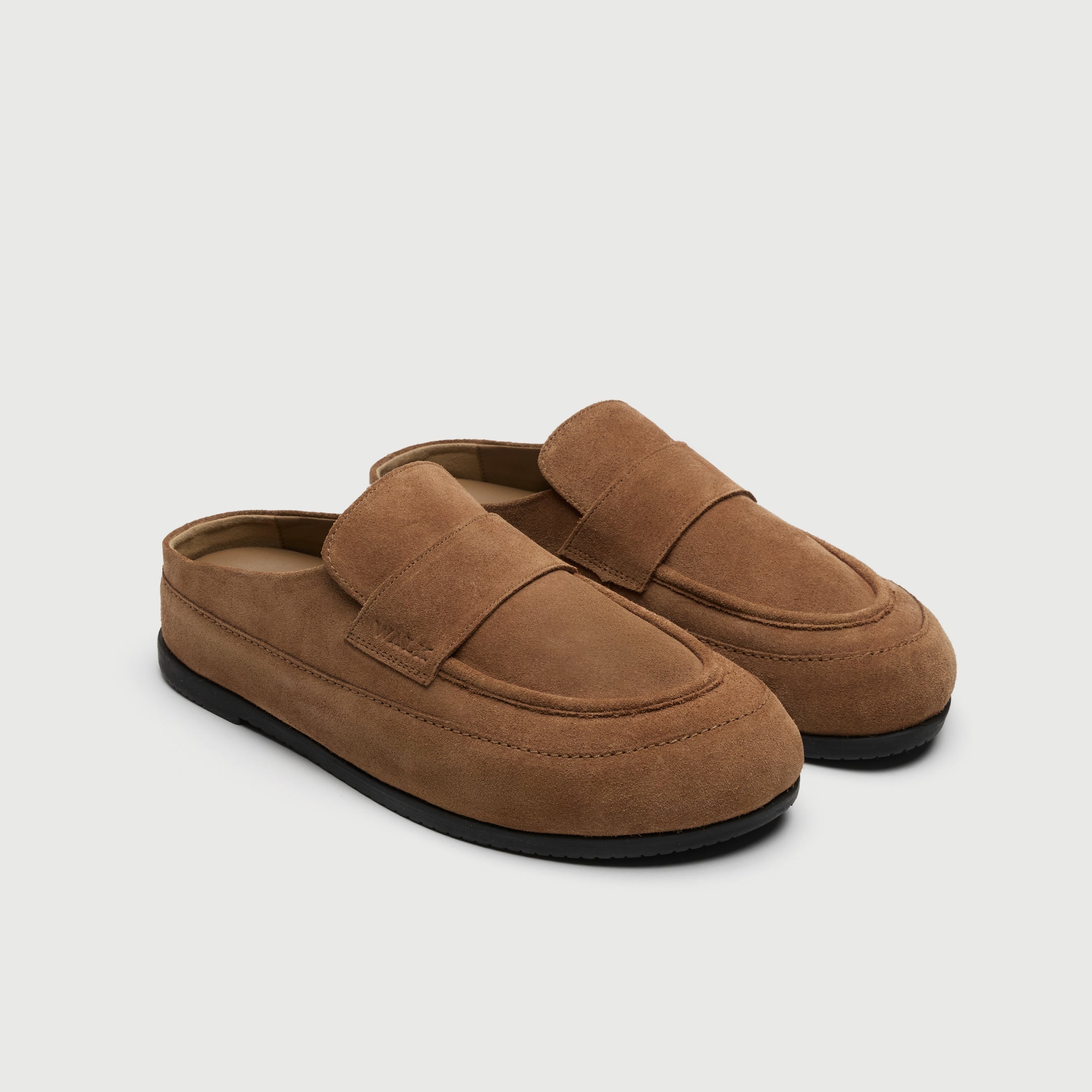 Walk London Track Tan Brown Suede Slider three quarter view