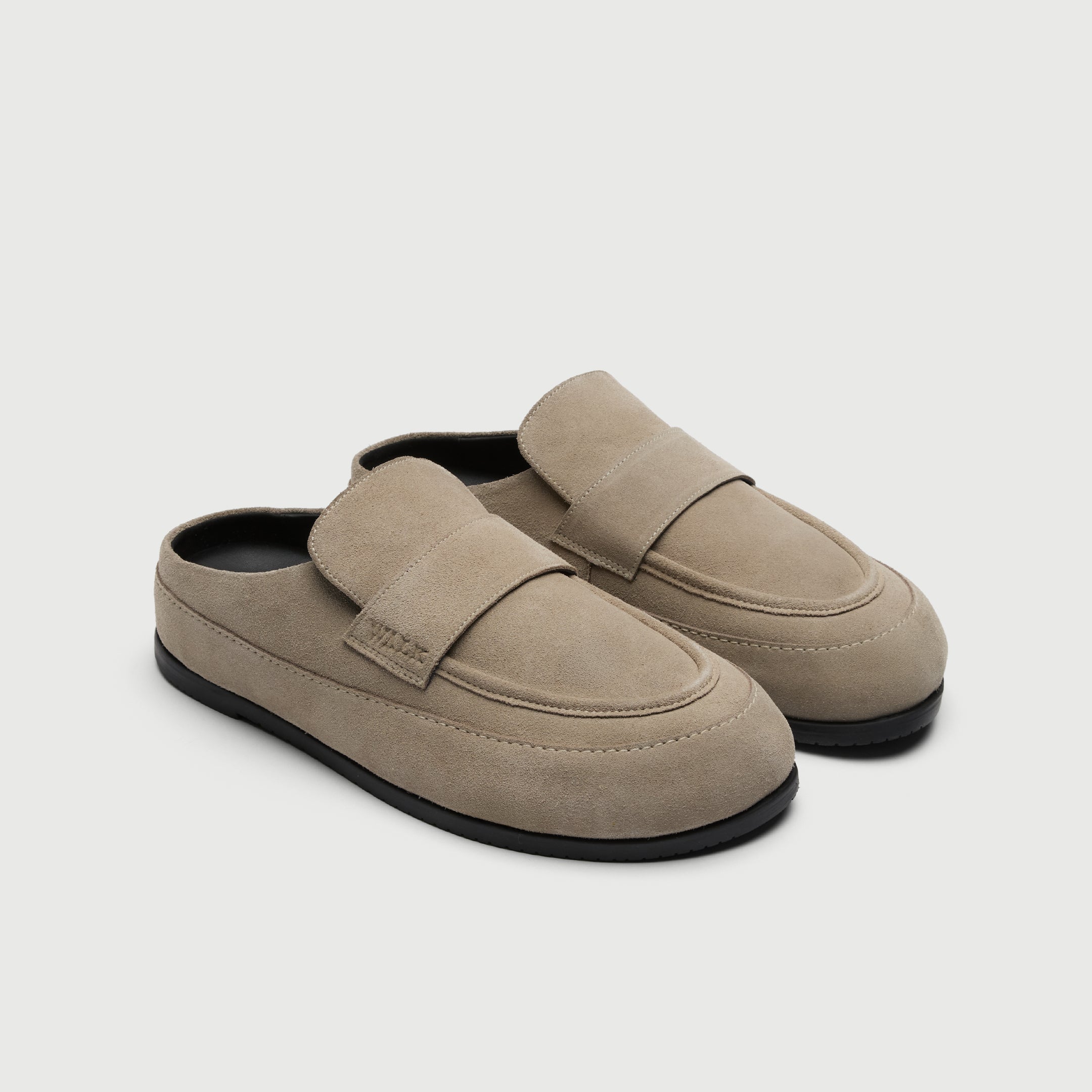 Walk London Track Stone Beige Suede Slider three quarter view