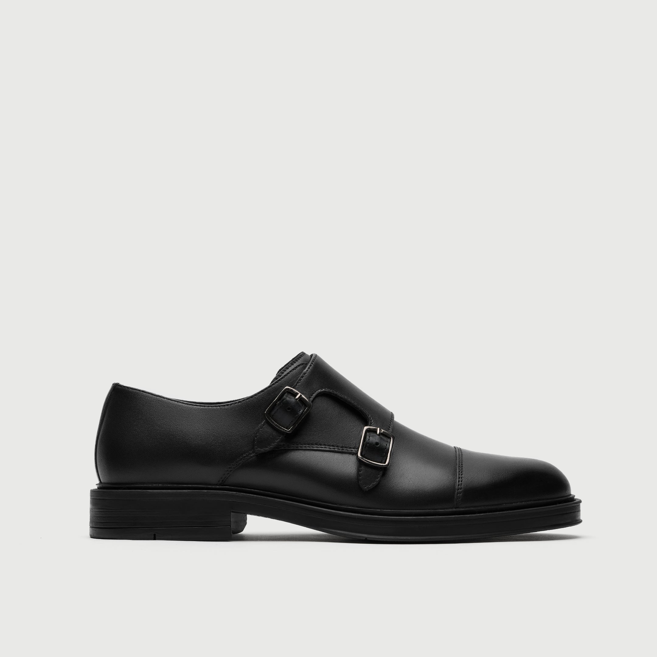 Walk London Vincent Black Monk Strap Shoes in Leather side view
