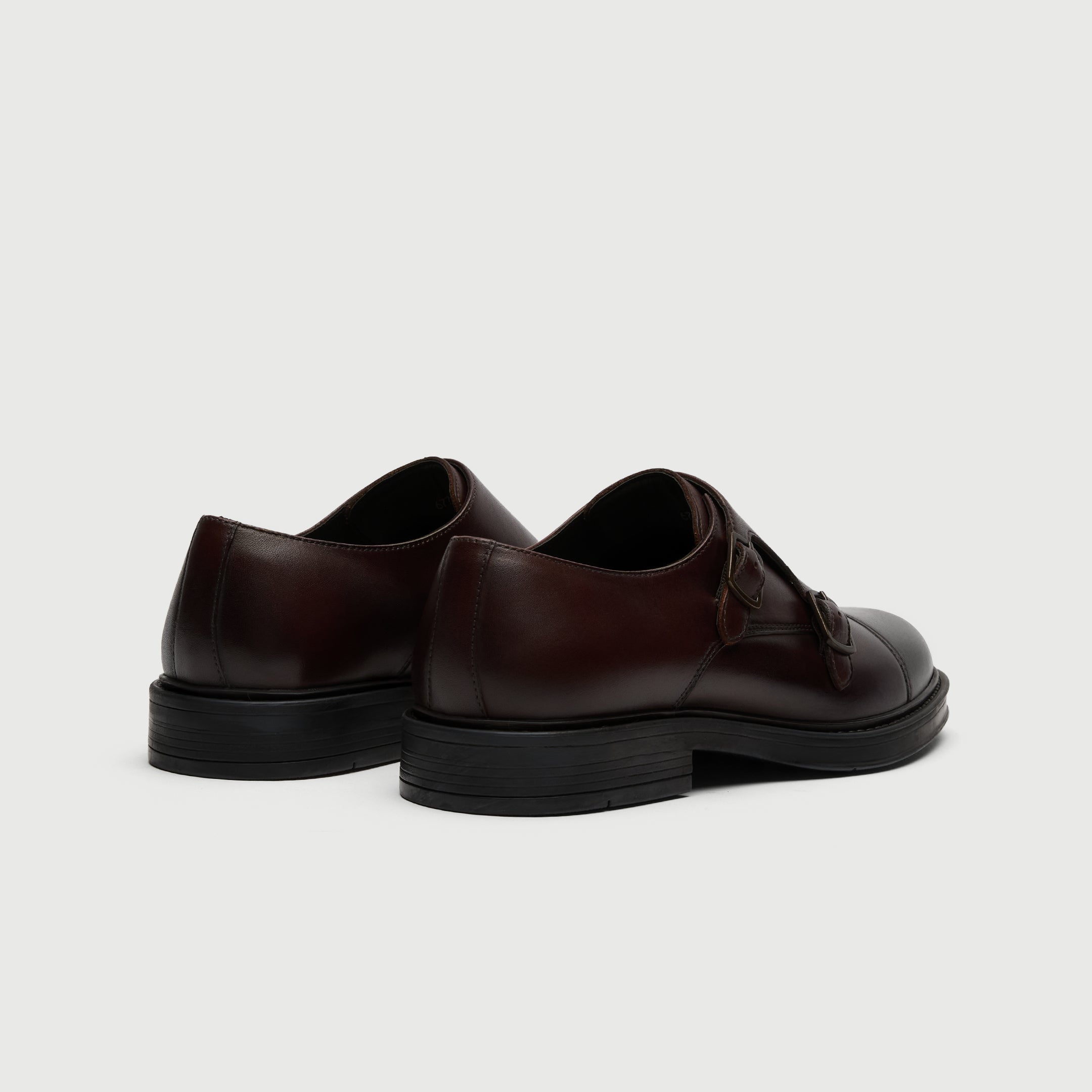 Walk London Vincent Brown Monk Strap Shoe in leather heel view