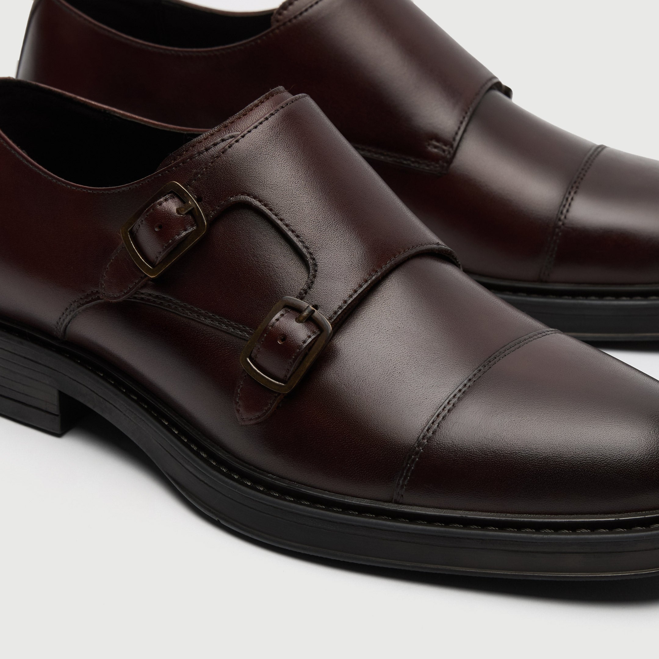 Walk London Vincent Brown Monk Strap Shoe in leather close up of toe