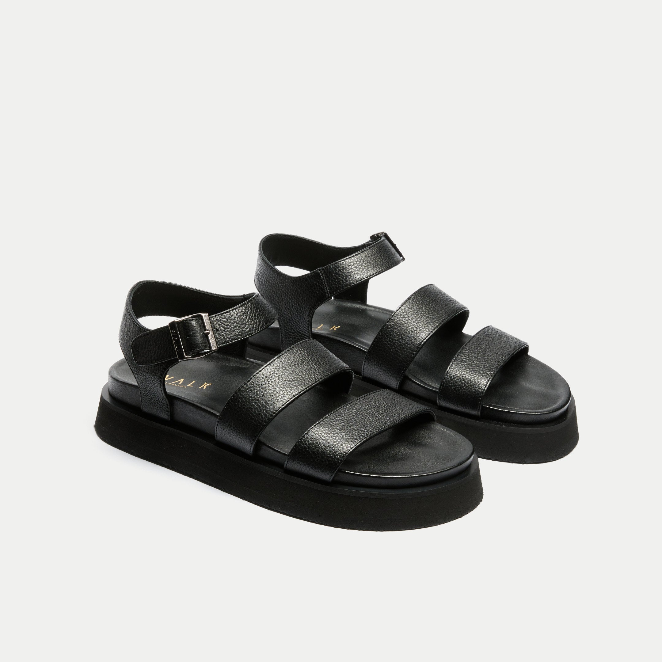 Walk London Womens Barca Strap Footbed Sandal in Black Leather