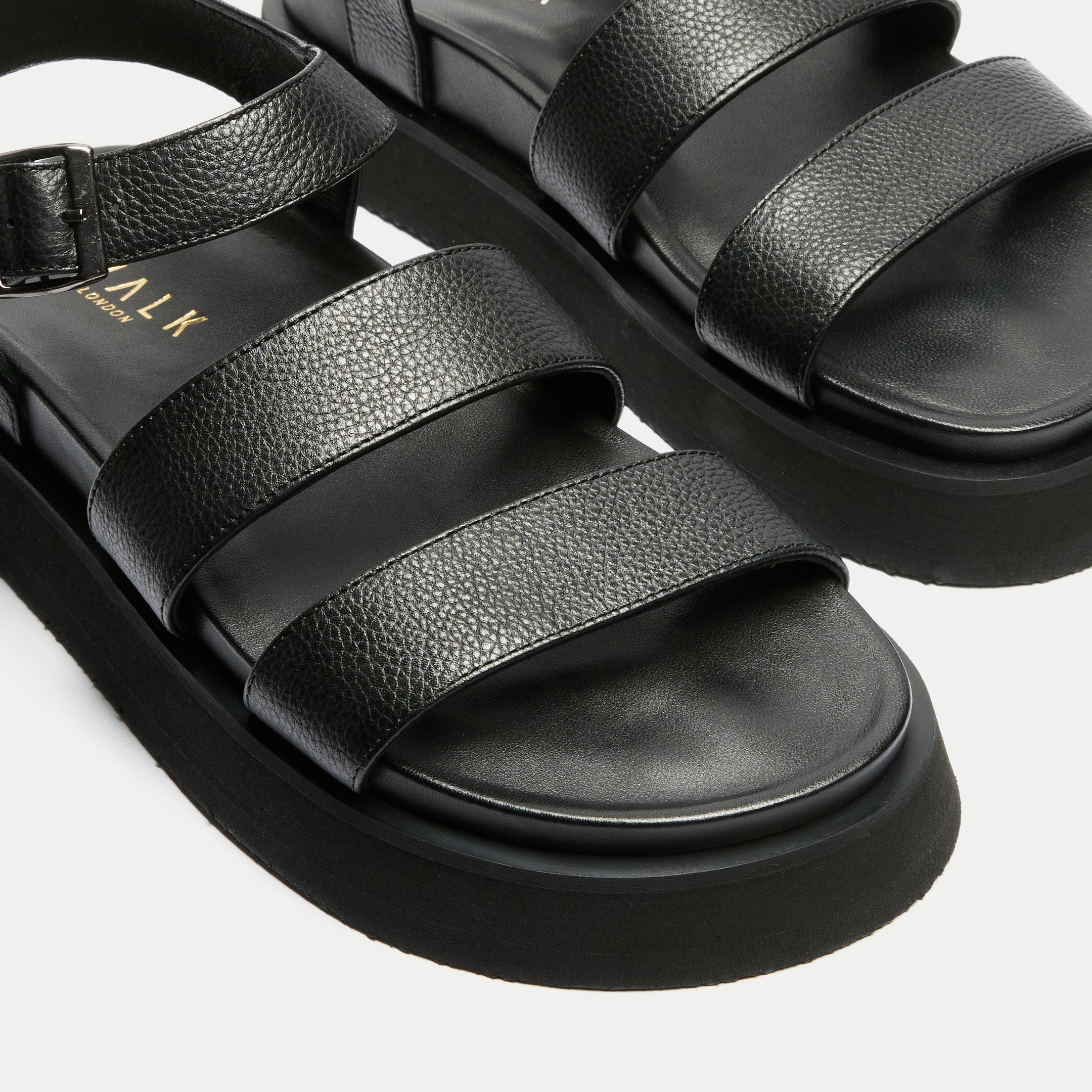 Walk London Womens Barca Strap Footbed Sandal in Black Leather