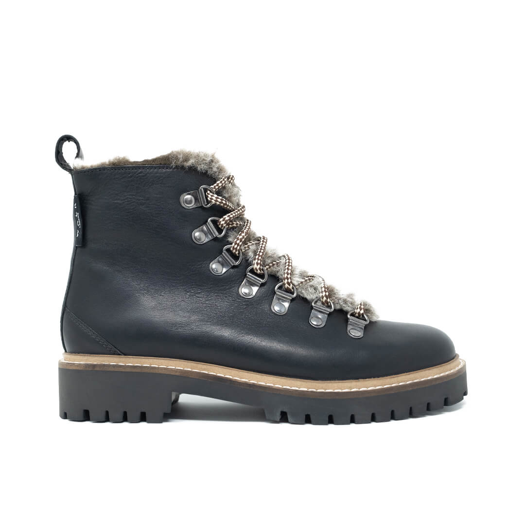 WALK London Holly Fur Hiker Black Leather