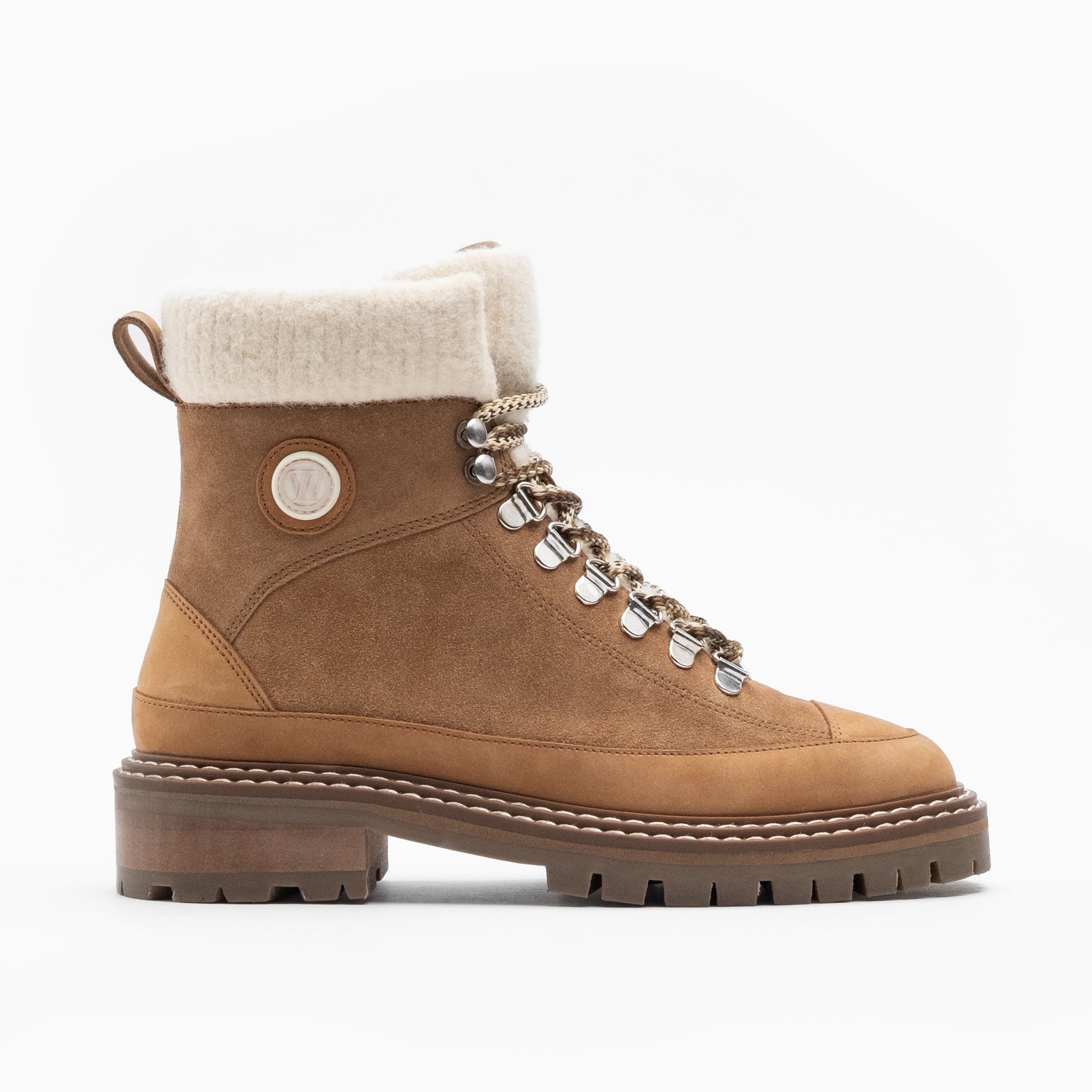 Walk London Women's Marina Knitted Collar Hiking Boot in Tan Suede