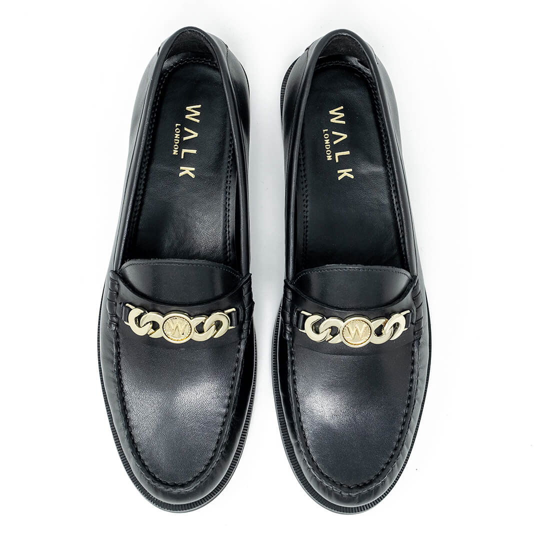 WALK London Riva Chain Loafer Black Leather Gold Chain Top