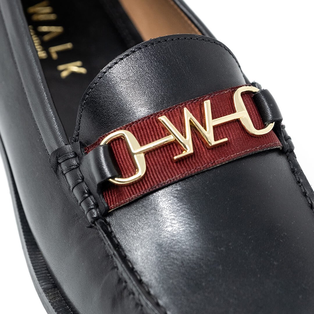 WALK London Riva Trim Loafer Black Leather Gold Snaffle Red tape